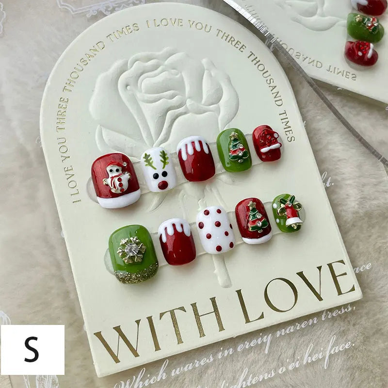 10Pcs Long False Nails Diamond Snowflake Design Press on Nails Tips Party Christmas Festival Double Color Mandarin Duck Manicure S Style C