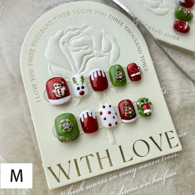 10Pcs Long False Nails Diamond Snowflake Design Press on Nails Tips Party Christmas Festival Double Color Mandarin Duck Manicure M Style C