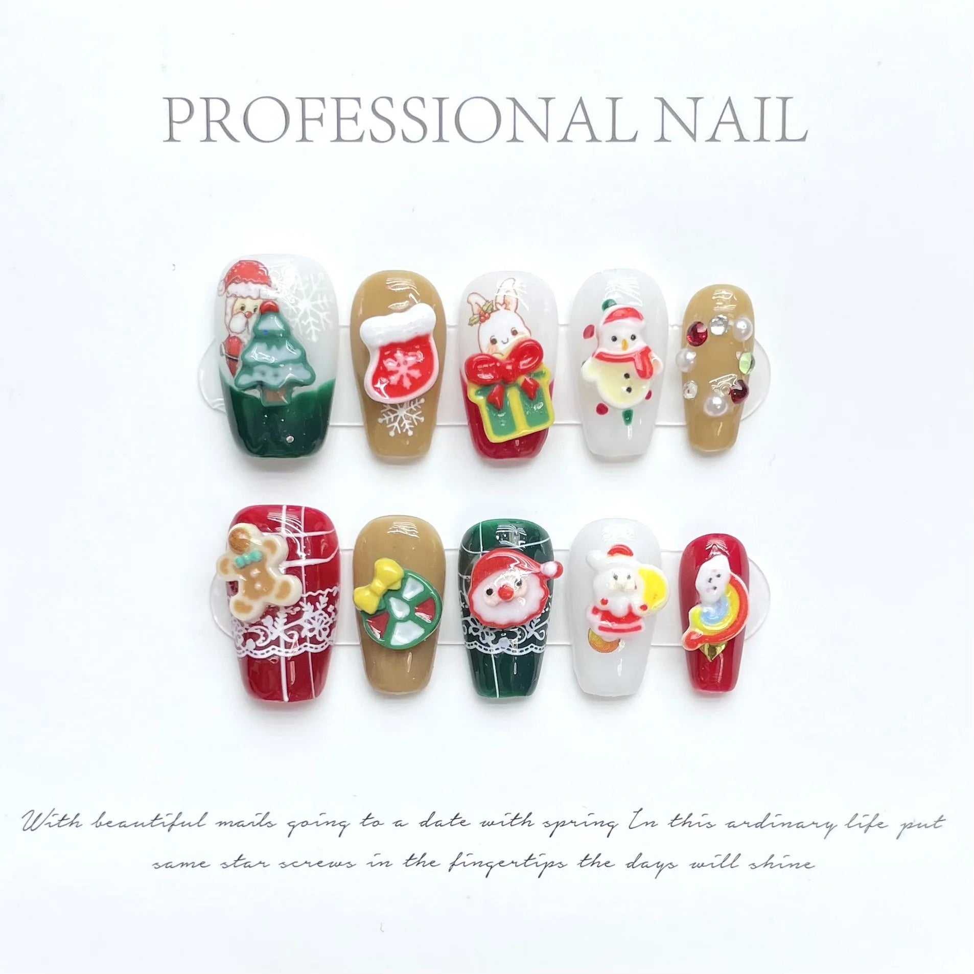 10pc Christmas designs press on acrylic nails short full cover red santa claus snowflake decorated handmade false nail with glue