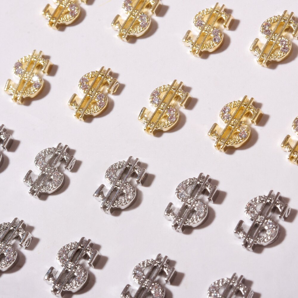 10pcs Gold Dollar Sign Nail Charm 3D Alloy New Trendy Money Press On Nail Rhinestone Jewelry Luxury DIY Manicure Supplies