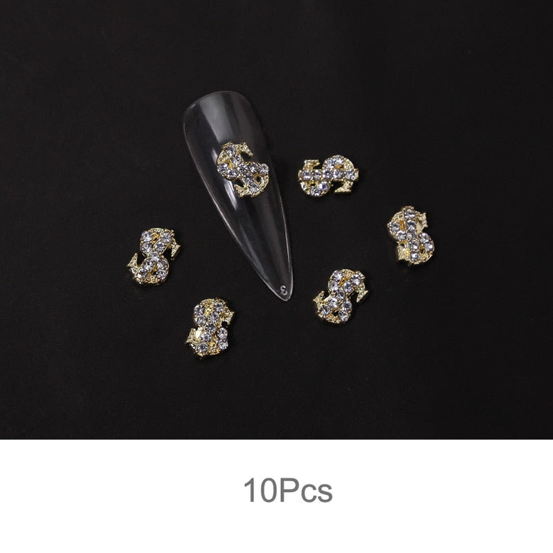 10pcs Gold Dollar Sign Nail Charm 3D Alloy New Trendy Money Press On Nail Rhinestone Jewelry Luxury DIY Manicure Supplies 10pcs gold 1