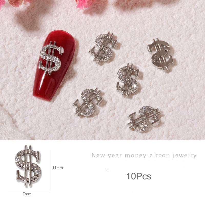 10pcs Gold Dollar Sign Nail Charm 3D Alloy New Trendy Money Press On Nail Rhinestone Jewelry Luxury DIY Manicure Supplies 10pcs silver