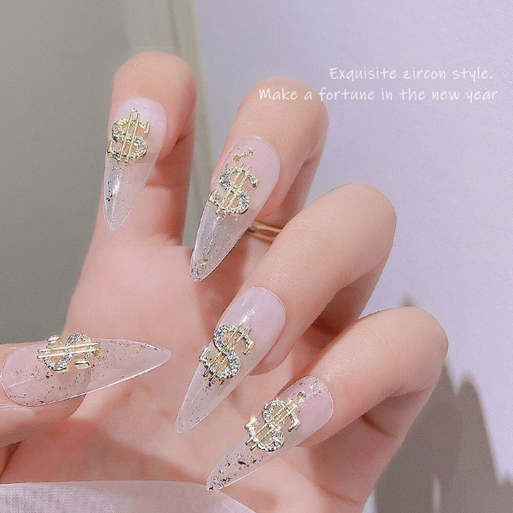10pcs Gold Dollar Sign Nail Charm 3D Alloy New Trendy Money Press On Nail Rhinestone Jewelry Luxury DIY Manicure Supplies