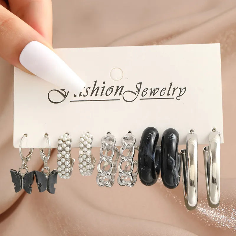 17KM Pearl Twist Hoop Earrings Set Butterfly Acrylic Dangle Earrings for Women Metal Hollow Gold Plated Earring Cartoon Jewelry No.11 CS5478025