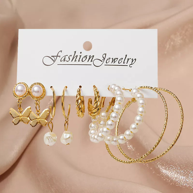 17KM Pearl Twist Hoop Earrings Set Butterfly Acrylic Dangle Earrings for Women Metal Hollow Gold Plated Earring Cartoon Jewelry No.33 CS54733