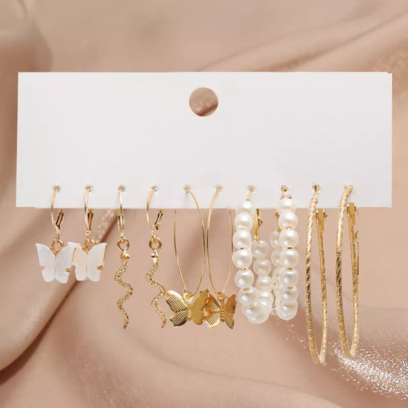 17KM Pearl Twist Hoop Earrings Set Butterfly Acrylic Dangle Earrings for Women Metal Hollow Gold Plated Earring Cartoon Jewelry No.44 CS53674