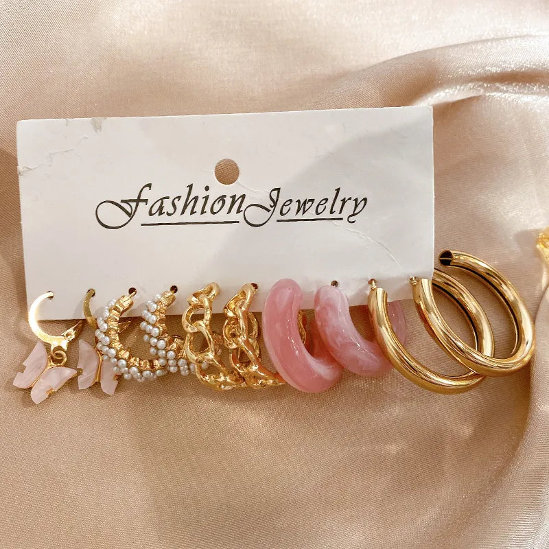 17KM Pearl Twist Hoop Earrings Set Butterfly Acrylic Dangle Earrings for Women Metal Hollow Gold Plated Earring Cartoon Jewelry No.7 CS54780