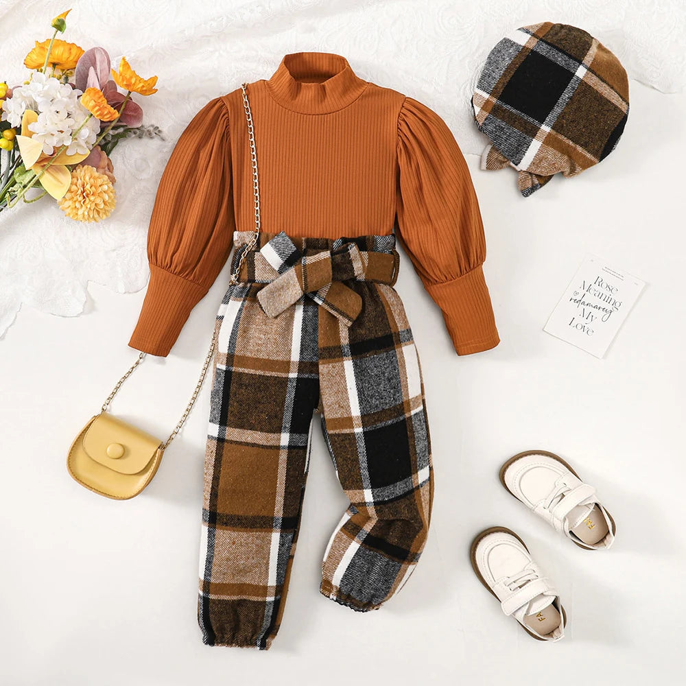 18M-6Y Autumn New Girls Suit Children Solid Color Puff Sleeve Top+Bow Plaid Pants+Hat 3PCS Girls Fashion Festival Outfit