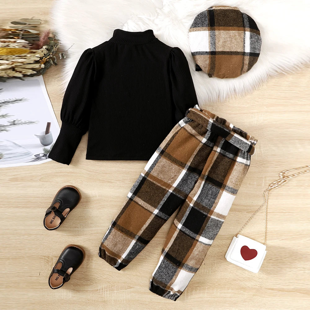 18M-6Y Autumn New Girls Suit Children Solid Color Puff Sleeve Top+Bow Plaid Pants+Hat 3PCS Girls Fashion Festival Outfit