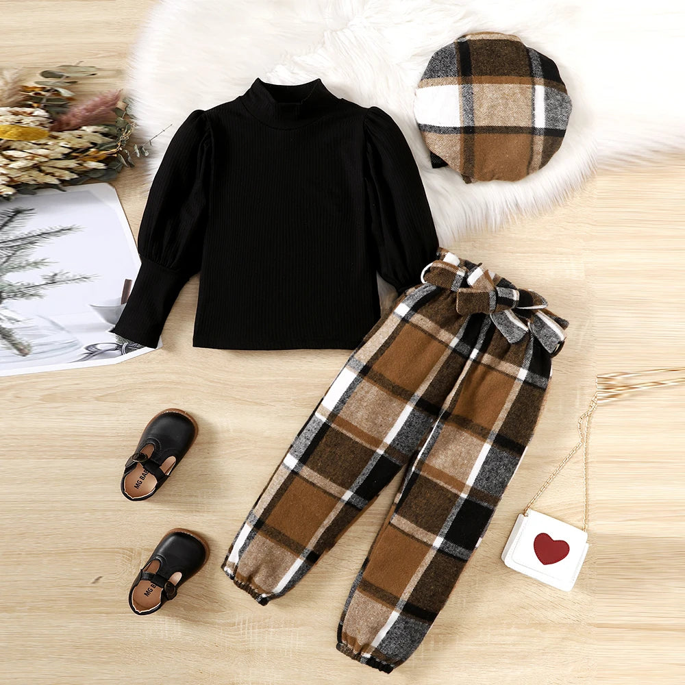 18M-6Y Autumn New Girls Suit Children Solid Color Puff Sleeve Top+Bow Plaid Pants+Hat 3PCS Girls Fashion Festival Outfit Black