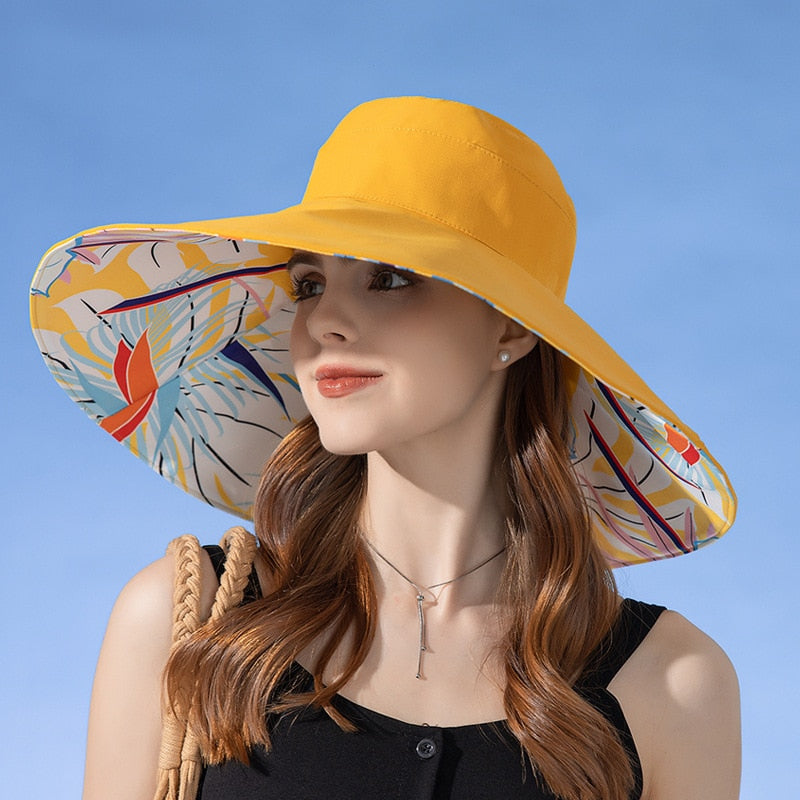 18cm Large Brim Women Sun Hat Luxury Double Sided Wearable Plant Printing Cotton Bucket Cap Light Breathable Summer Top Hat Double sided -Yellow 56-60cm