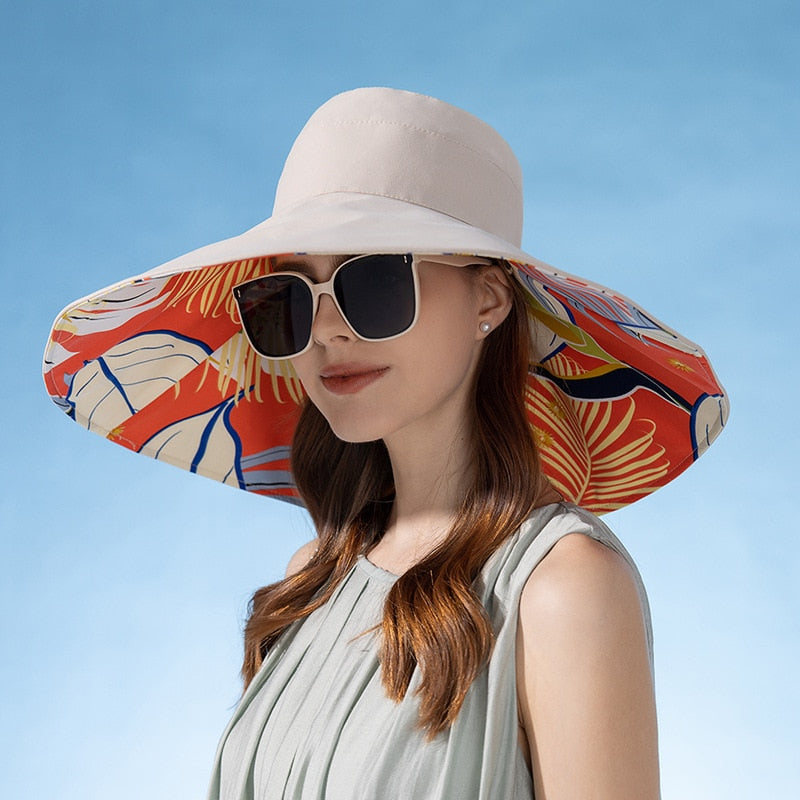 18cm Large Brim Women Sun Hat Luxury Double Sided Wearable Plant Printing Cotton Bucket Cap Light Breathable Summer Top Hat Double sided -Beige 56-60cm