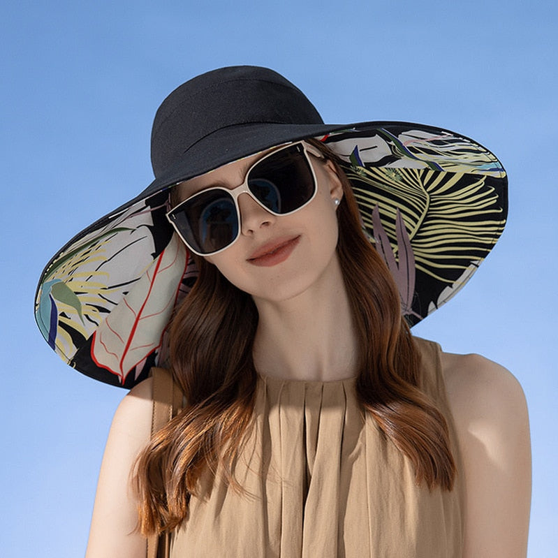 18cm Large Brim Women Sun Hat Luxury Double Sided Wearable Plant Printing Cotton Bucket Cap Light Breathable Summer Top Hat Double sided -Black 56-60cm