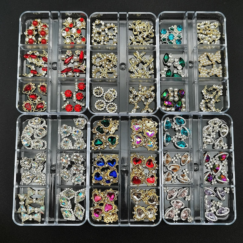 1Box Nail Art Rhinestones Crystal Glass Gems Decorations 3D Alloy Heart Nail Charms Luxury Nail Diamonds DIY Nail Supply Jewelry