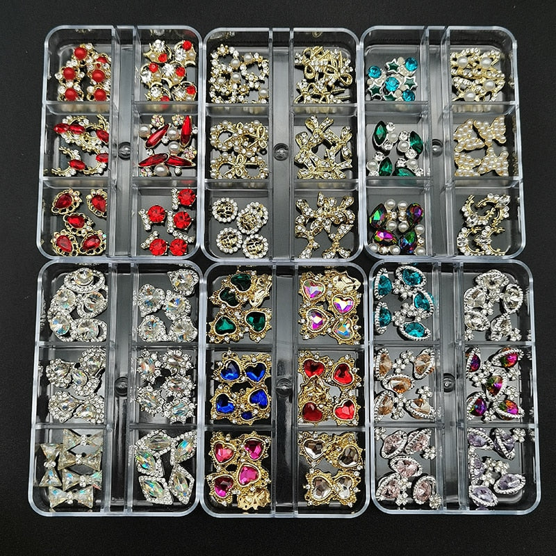 1Box Nail Art Rhinestones Crystal Glass Gems Decorations 3D Alloy Heart Nail Charms Luxury Nail Diamonds DIY Nail Supply Jewelry
