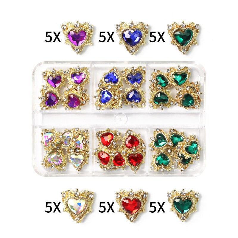 1Box Nail Art Rhinestones Crystal Glass Gems Decorations 3D Alloy Heart Nail Charms Luxury Nail Diamonds DIY Nail Supply Jewelry XZCR-14