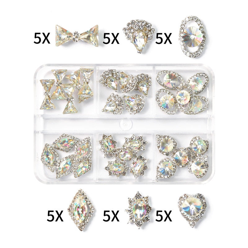 1Box Nail Art Rhinestones Crystal Glass Gems Decorations 3D Alloy Heart Nail Charms Luxury Nail Diamonds DIY Nail Supply Jewelry XZCR-13