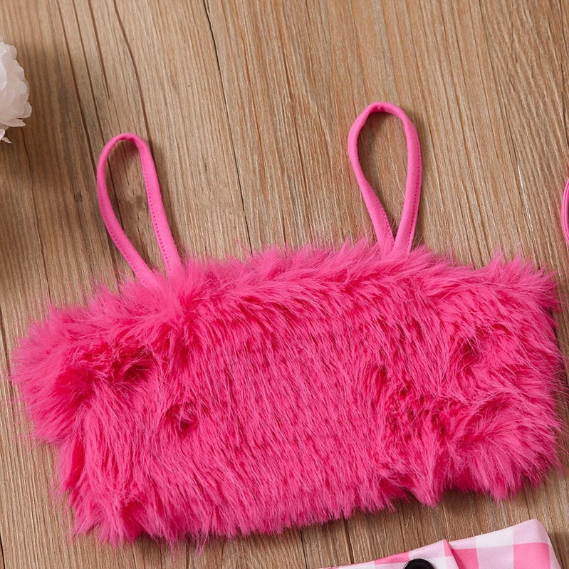 2-8Y Children Kids Baby Girls Clothes Sets Toddler Outfits Summer Plush Vest Tops Plaid Ruffle Skirts Crossbody Baby