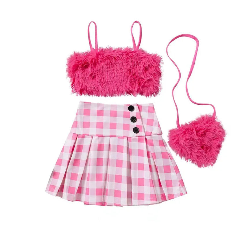 2-8Y Children Kids Baby Girls Clothes Sets Toddler Outfits Summer Plush Vest Tops Plaid Ruffle Skirts Crossbody Baby