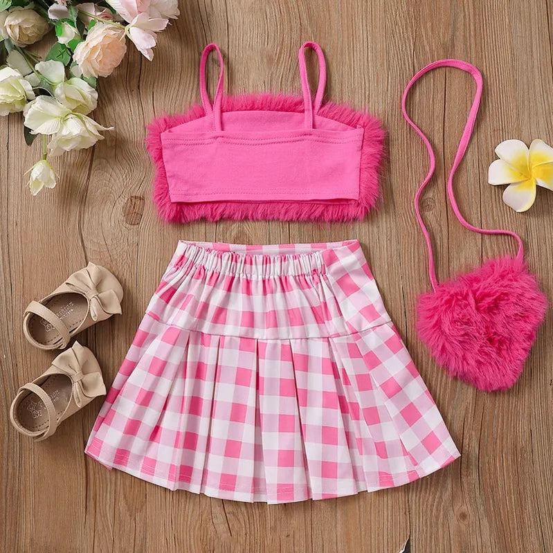 2-8Y Children Kids Baby Girls Clothes Sets Toddler Outfits Summer Plush Vest Tops Plaid Ruffle Skirts Crossbody Baby