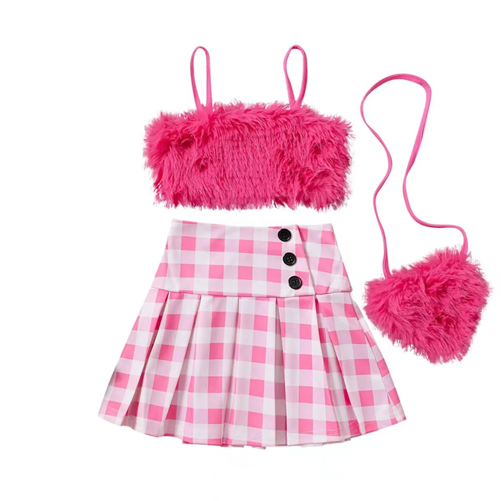 2-8Y Children Kids Baby Girls Clothes Sets Toddler Outfits Summer Plush Vest Tops Plaid Ruffle Skirts Crossbody Baby A