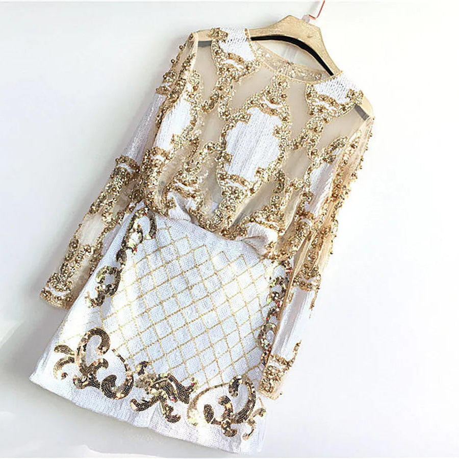 2 Pcs Set Women Sparkling Sequin Gold Crop Tops Flower Shirt Shiny Transparent Gauze With Mini Short Skirt Night Club Party 288