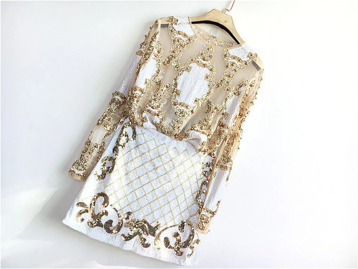 2 Pcs Set Women Sparkling Sequin Gold Crop Tops Flower Shirt Shiny Transparent Gauze With Mini Short Skirt Night Club Party 288