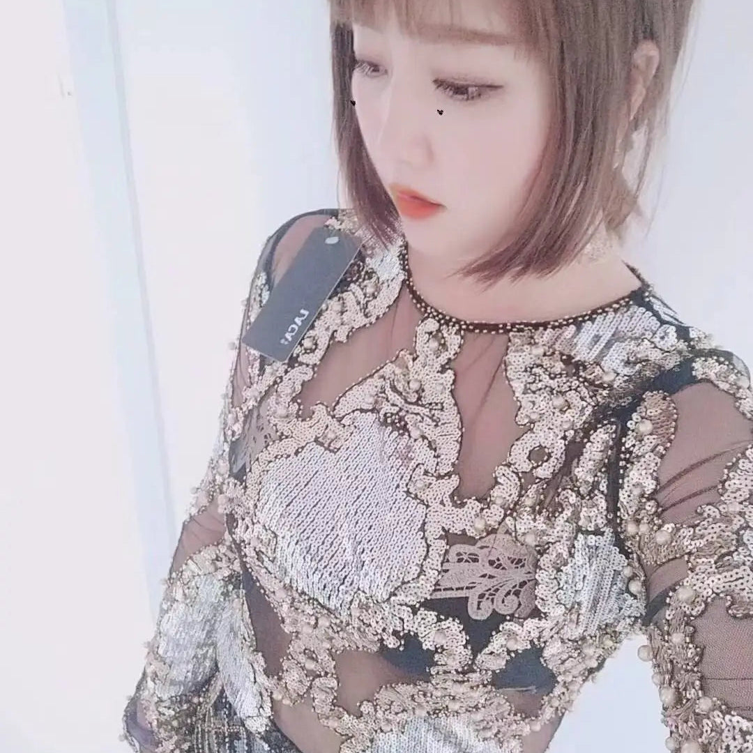 2 Pcs Set Women Sparkling Sequin Gold Crop Tops Flower Shirt Shiny Transparent Gauze With Mini Short Skirt Night Club Party 288 black