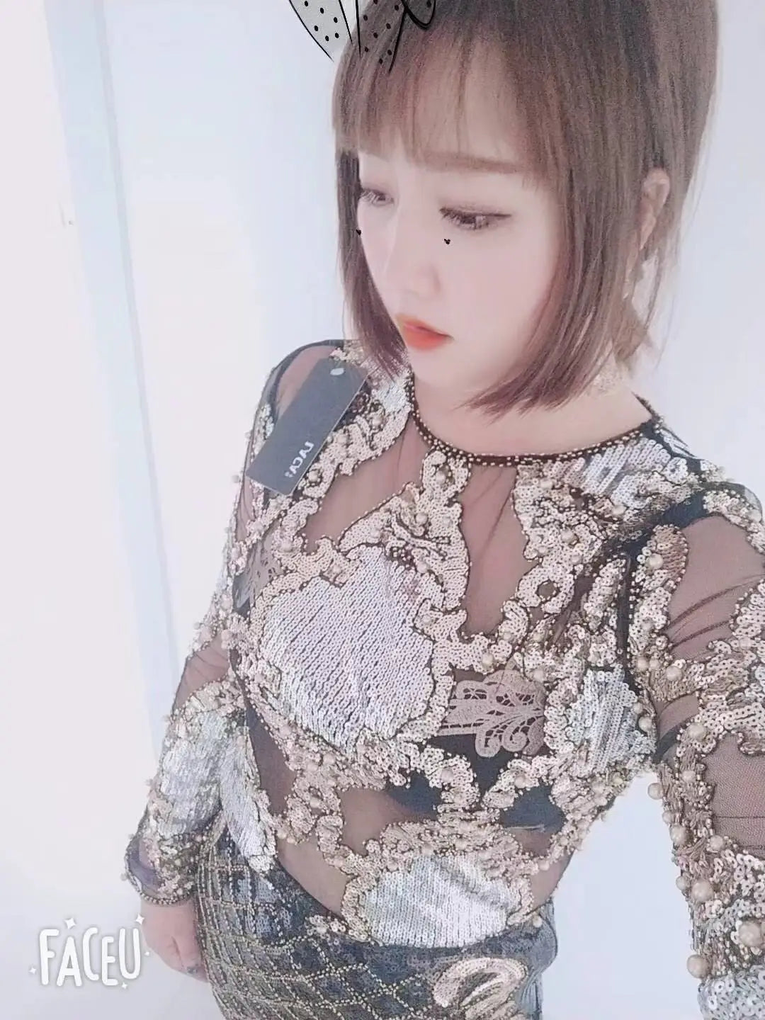 2 Pcs Set Women Sparkling Sequin Gold Crop Tops Flower Shirt Shiny Transparent Gauze With Mini Short Skirt Night Club Party 288 black