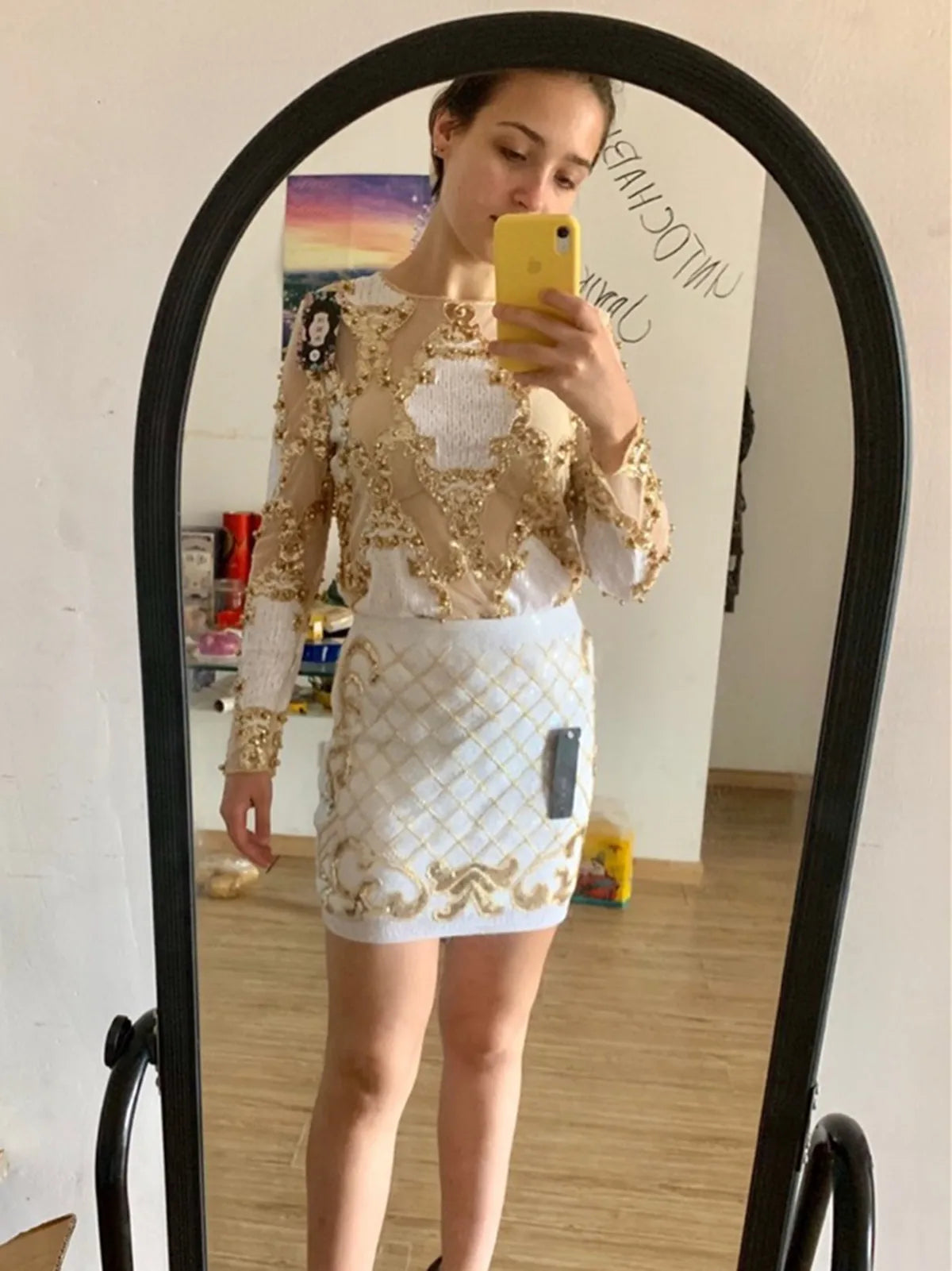 2 Pcs Set Women Sparkling Sequin Gold Crop Tops Flower Shirt Shiny Transparent Gauze With Mini Short Skirt Night Club Party 288 WHITE