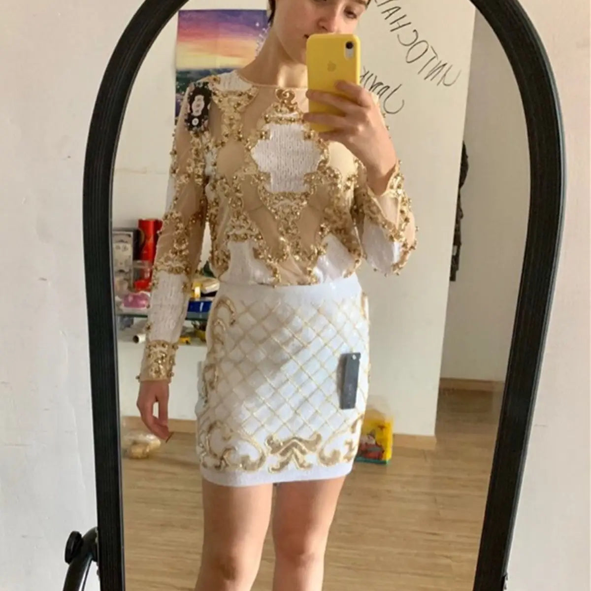 2 Pcs Set Women Sparkling Sequin Gold Crop Tops Flower Shirt Shiny Transparent Gauze With Mini Short Skirt Night Club Party 288