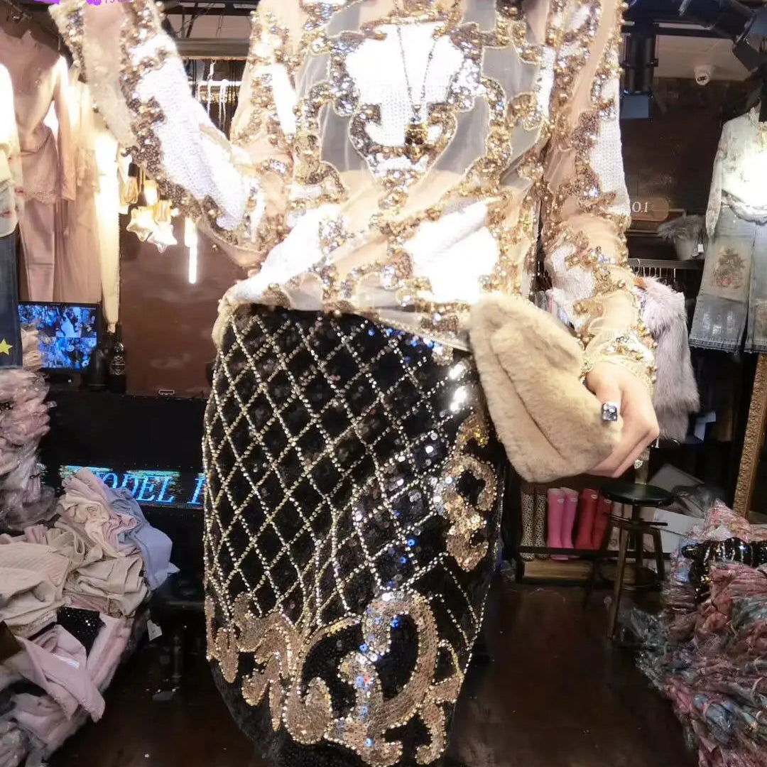 2 Pcs Set Women Sparkling Sequin Gold Crop Tops Flower Shirt Shiny Transparent Gauze With Mini Short Skirt Night Club Party 288 Gold