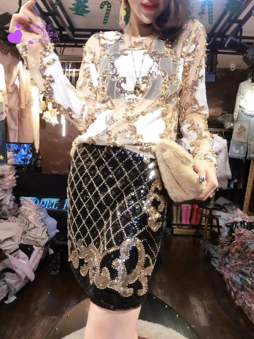 2 Pcs Set Women Sparkling Sequin Gold Crop Tops Flower Shirt Shiny Transparent Gauze With Mini Short Skirt Night Club Party 288 Gold