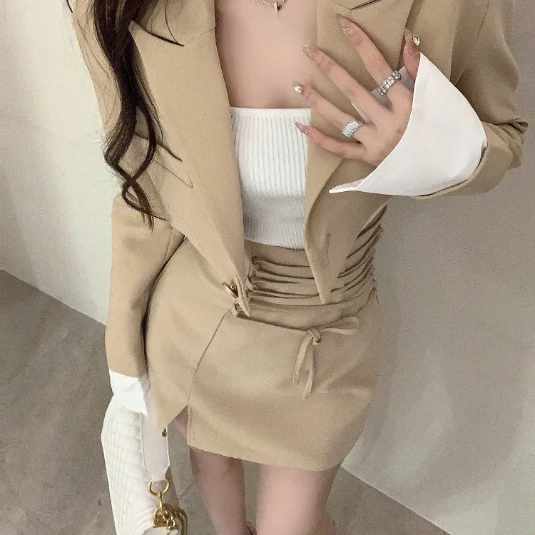 2 Piece Dress Set Women Casual Y2k Crop Tops Elegant Jacket Coats + Mini Skirts Korean Fashion Suits Autumn Blazers Dress