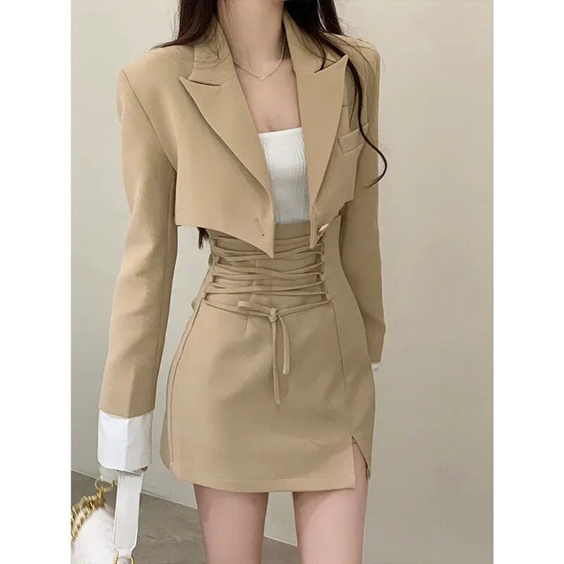 2 Piece Dress Set Women Casual Y2k Crop Tops Elegant Jacket Coats + Mini Skirts Korean Fashion Suits Autumn Blazers Dress Khaki