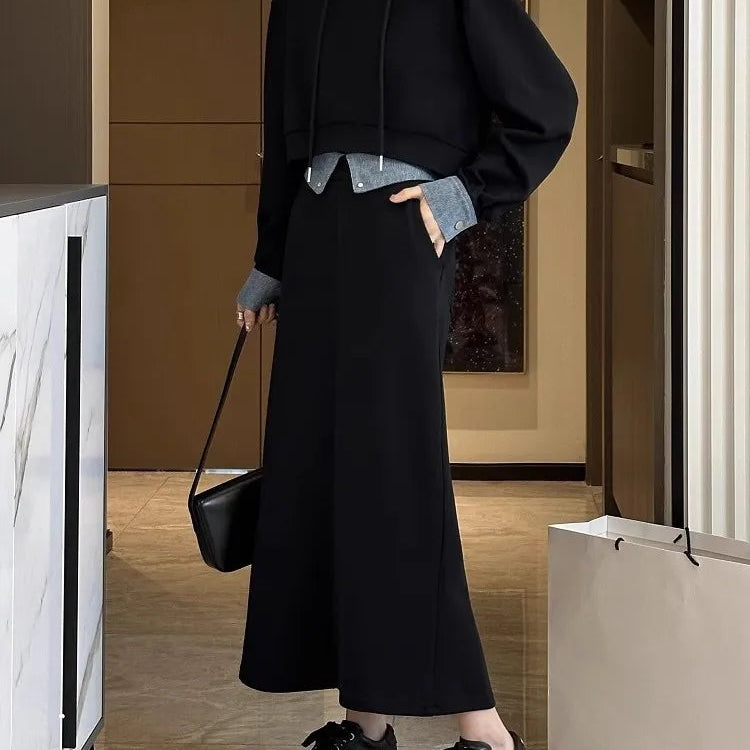 2 Piece Set Skirt and Top Autumn Korean Fashion Solid Long Sleeve Hooded Sweater Casual Skirt Sets Matching Sets Dress Sets Black