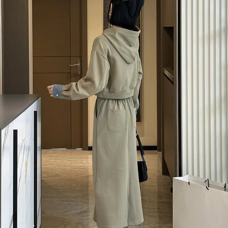 2 Piece Set Skirt and Top Autumn Korean Fashion Solid Long Sleeve Hooded Sweater Casual Skirt Sets Matching Sets Dress Sets