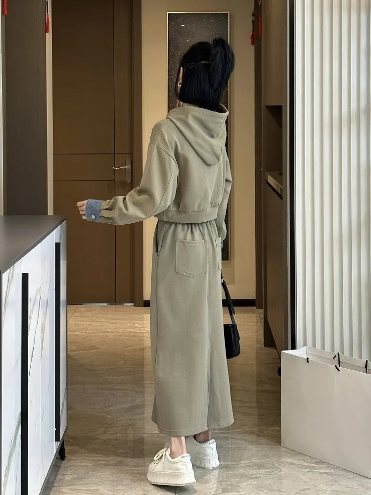 2 Piece Set Skirt and Top Autumn Korean Fashion Solid Long Sleeve Hooded Sweater Casual Skirt Sets Matching Sets Dress Sets