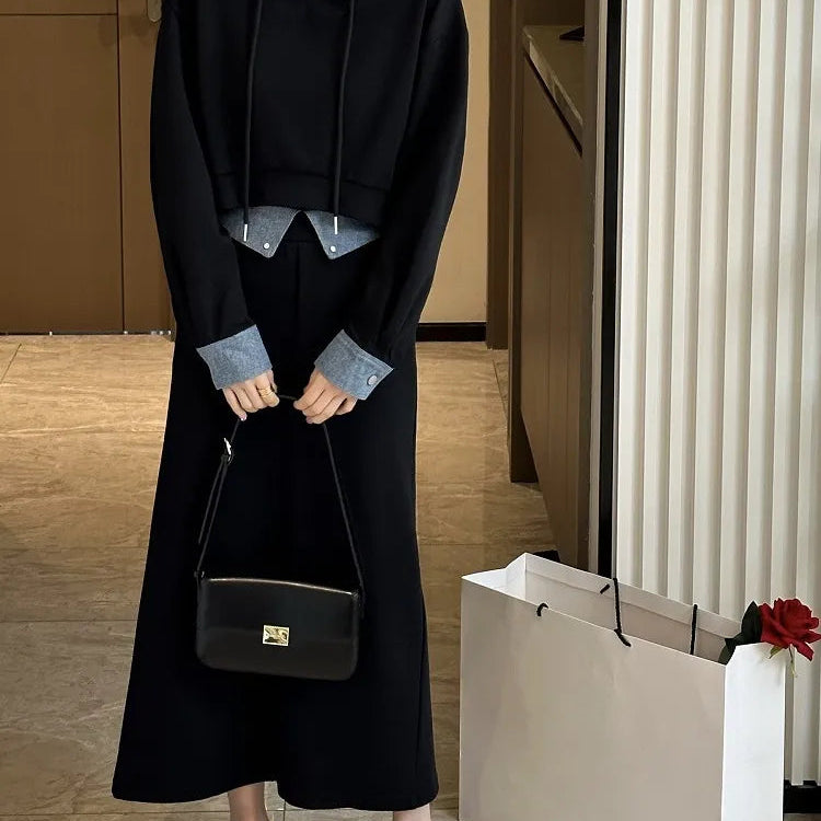 2 Piece Set Skirt and Top Autumn Korean Fashion Solid Long Sleeve Hooded Sweater Casual Skirt Sets Matching Sets Dress Sets