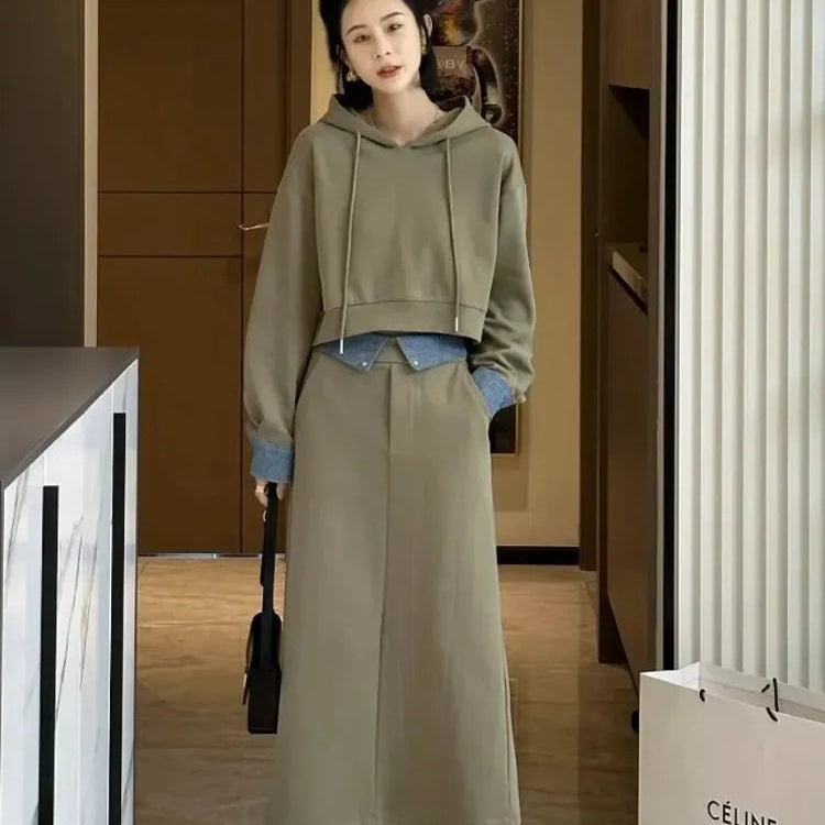 2 Piece Set Skirt and Top Autumn Korean Fashion Solid Long Sleeve Hooded Sweater Casual Skirt Sets Matching Sets Dress Sets Basso & Brooke