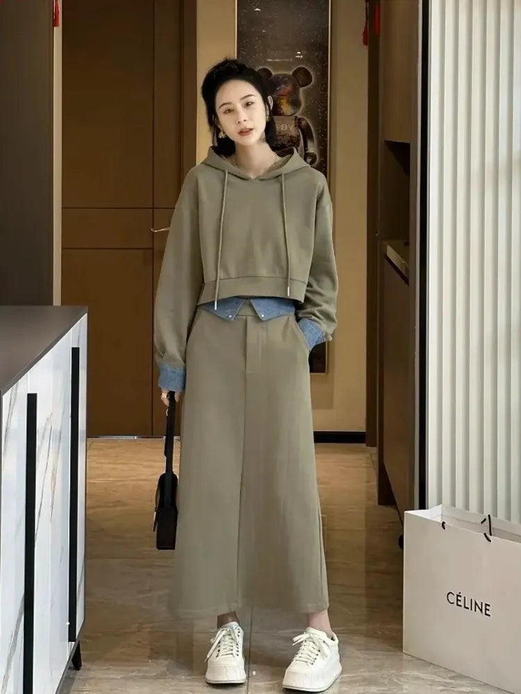 2 Piece Set Skirt and Top Autumn Korean Fashion Solid Long Sleeve Hooded Sweater Casual Skirt Sets Matching Sets Dress Sets Khaki Green