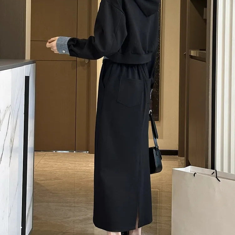 2 Piece Set Skirt and Top Autumn Korean Fashion Solid Long Sleeve Hooded Sweater Casual Skirt Sets Matching Sets Dress Sets