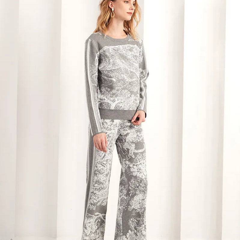 2 Pieces Set Knitted Animal Print Sets Women O Neck Long Sleeve Knitwear+Wide Leg Long Pants Casual Patch Fashion GRAY One Size