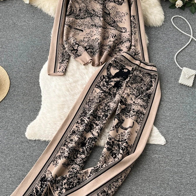 2 Pieces Set Knitted Animal Print Sets Women O Neck Long Sleeve Knitwear+Wide Leg Long Pants Casual Patch Fashion
