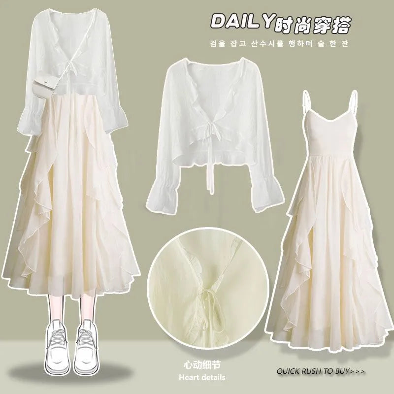 2 Pieces Sets Women Crop Tops Slim T-shirts + Strap Dress Set Korean Style New Fashion Summer Y2k Sexy Sweet White and APRICOT