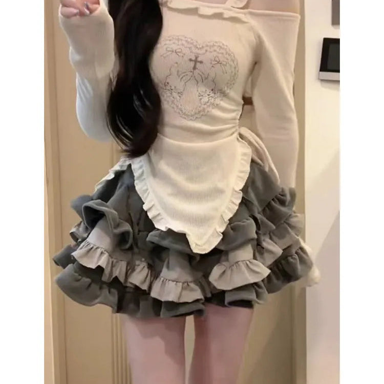 2000s Aesthetic Clubwear Outfits 2 Piece Set Women Off Shoulder Slash Neck Print Chic T-Shirts + Wrapped Hip Elastic Waist Skirt