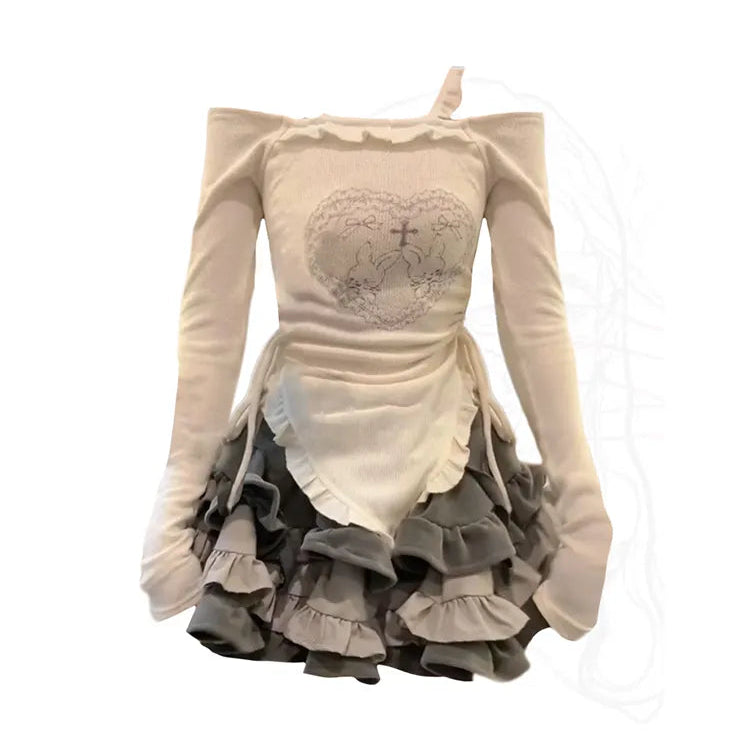 2000s Aesthetic Clubwear Outfits 2 Piece Set Women Off Shoulder Slash Neck Print Chic T-Shirts + Wrapped Hip Elastic Waist Skirt Picture Color