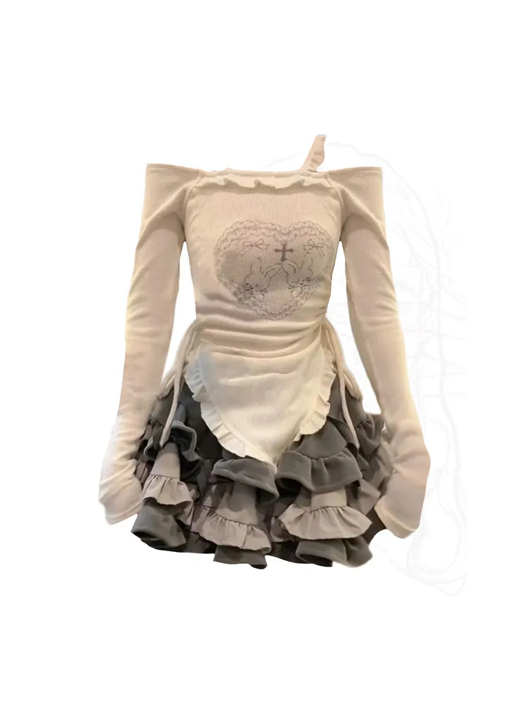 2000s Aesthetic Clubwear Outfits 2 Piece Set Women Off Shoulder Slash Neck Print Chic T-Shirts + Wrapped Hip Elastic Waist Skirt Picture Color