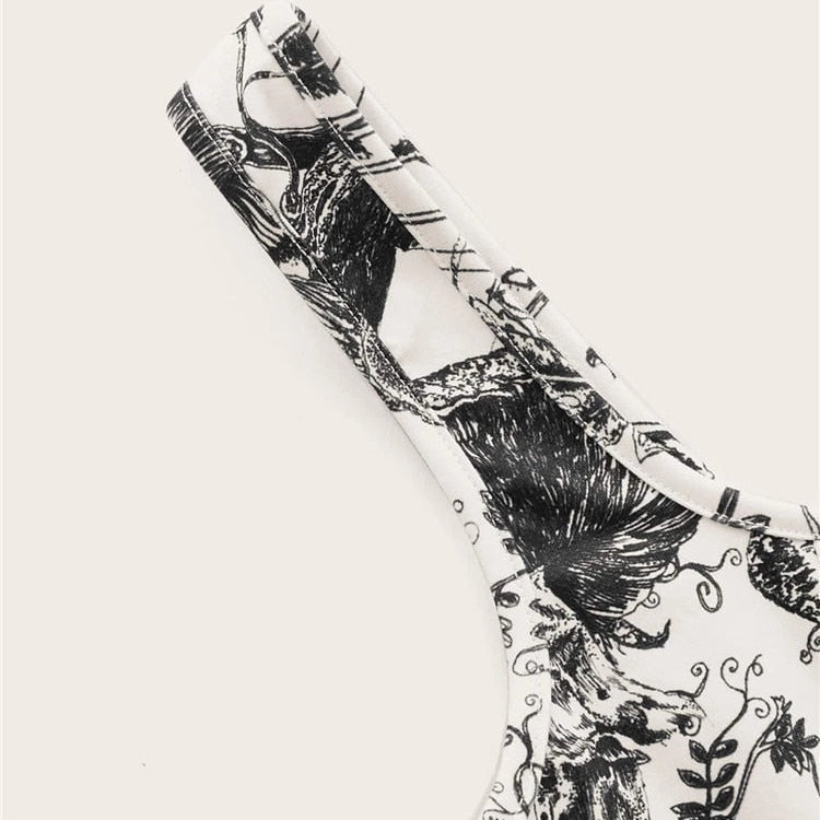 2000s Clothes Y2K Plant Print Corset Top Women Summer Sleeveless Cami Top Harajuku Black Crop Tank Top Streetwear