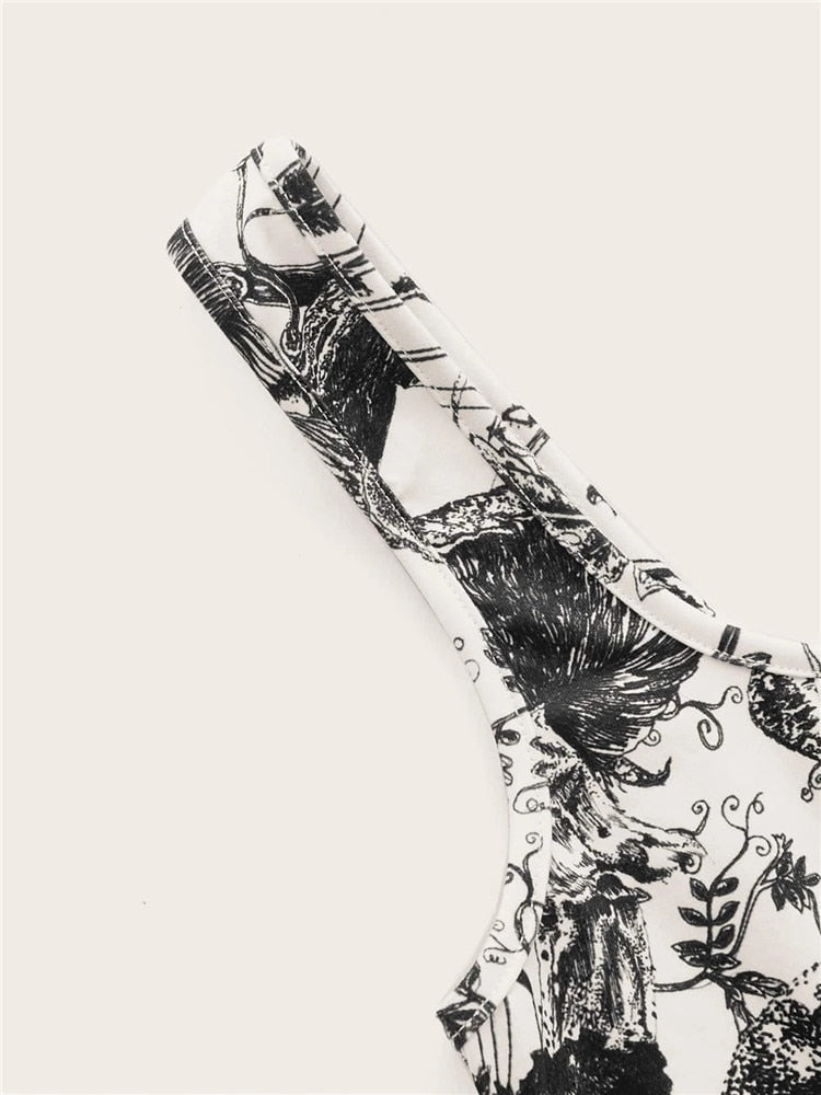 2000s Clothes Y2K Plant Print Corset Top Women Summer Sleeveless Cami Top Harajuku Black Crop Tank Top Streetwear